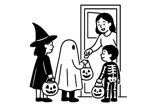 Black-and-white illustration of Trick or Treat