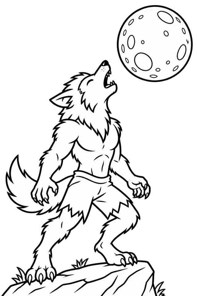 Black-and-White Werewolf Howling at the Moon