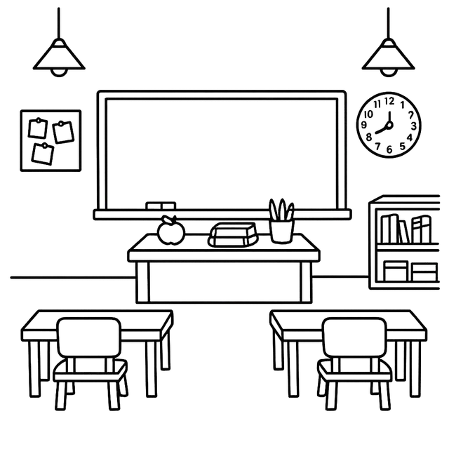 Black-and-White Classroom Coloring Illustration