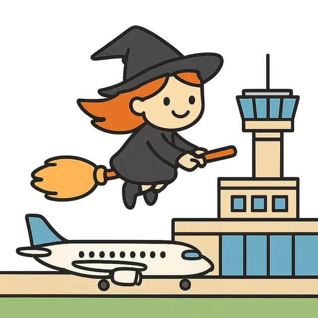 Cartoon Witch Flying at an Airport