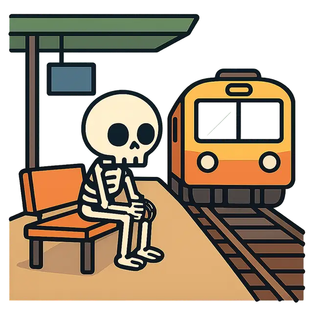Cartoon Skeleton Waiting at a Train Station