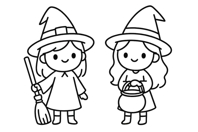 Two Cute Cartoon Witches Line Art