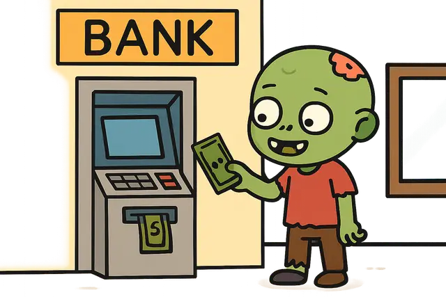 Cartoon Zombie Getting Cash at a Bank ATM