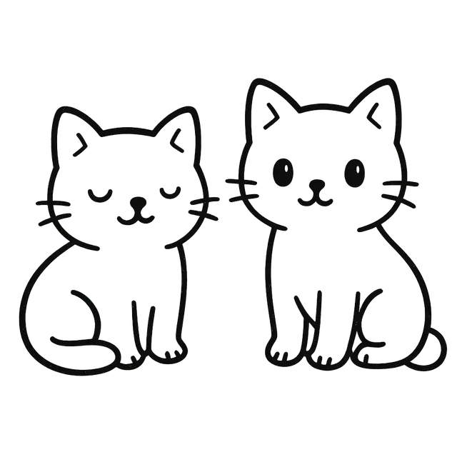 Two Cute Cartoon Cats in Black-and-White Line Art