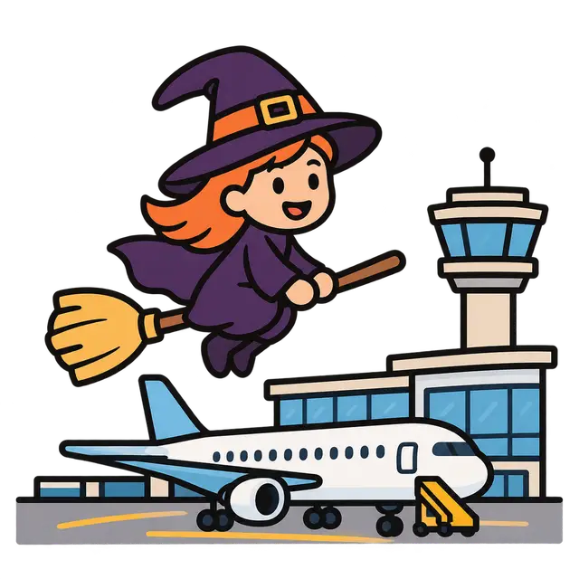 Cartoon Witch Flying Over an Airport