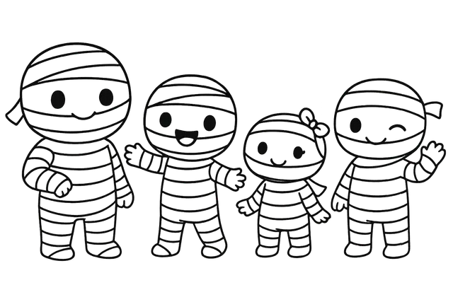 Cute Cartoon Mummies Black-and-White Line Art