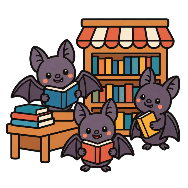 Three Cute Bats at a Bookstore