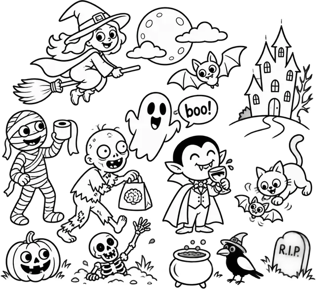 Cute Halloween Characters Coloring Page
