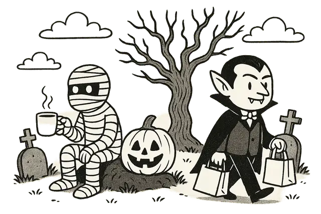 Black-and-White Halloween Scene with a Mummy and Vampire