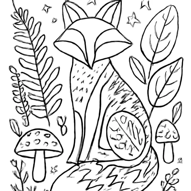 Fox in a Patterned Woodland Coloring Page