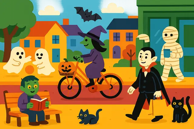 Colorful Halloween Town Scene with Ghosts, a Witch, Zombie, Mummy, Vampire, Bat, and Black Cats