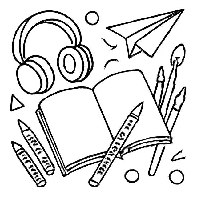 Creative Workspace Coloring Page with Sketchbook, Headphones, and Art Supplies