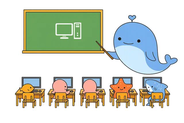 Cartoon Blue Whale Teaching Ocean Friends in a Computer Classroom