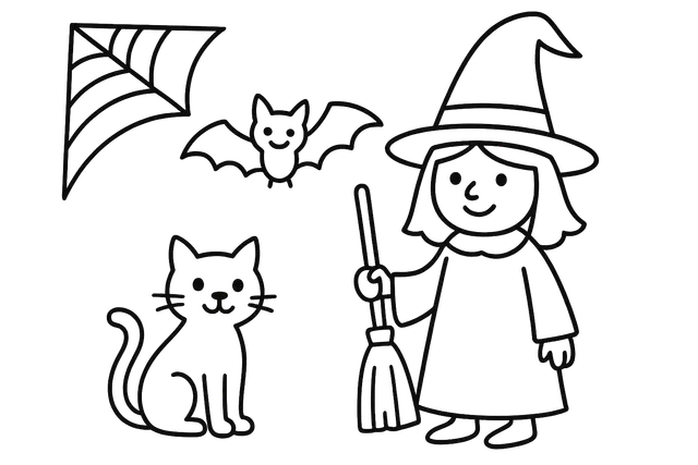 Halloween Coloring Scene with Cat, Bat, Web, and Witch