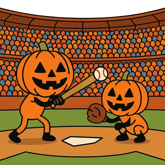 Jack-o’-Lanterns Playing Baseball in a Stadium