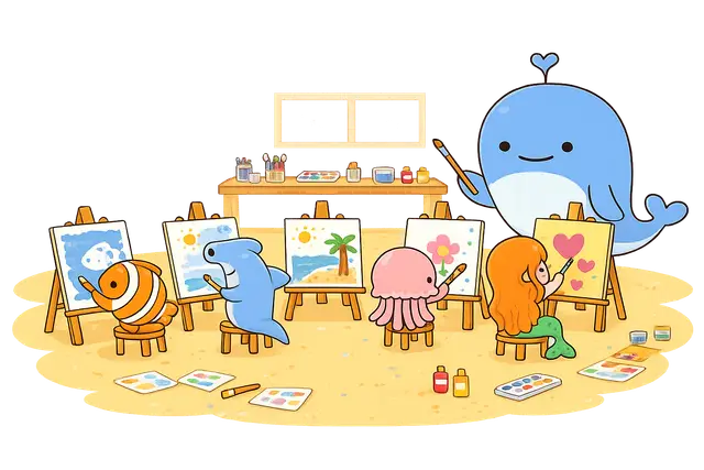 Blue Whale Teaching Art to Ocean Animal Friends
