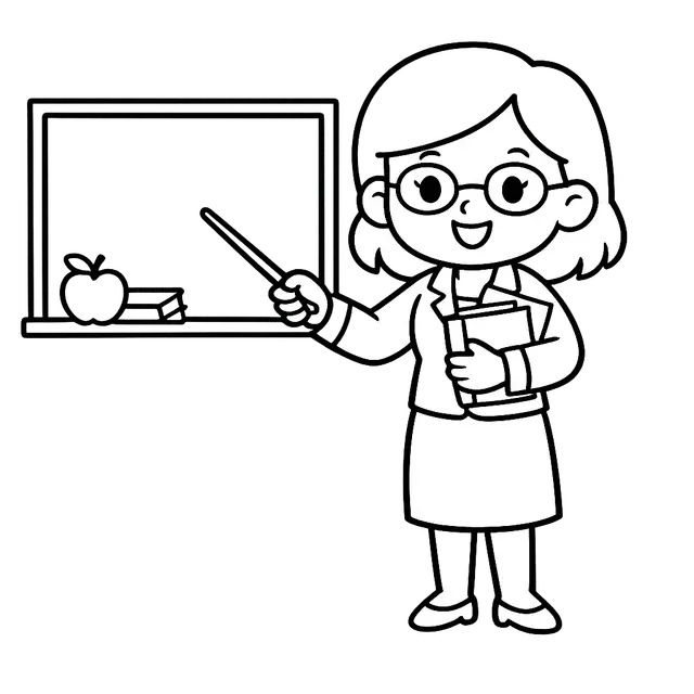 Black-and-White Cartoon School Teacher with Chalkboard