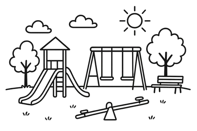 Black-and-White Playground Scene Line Art