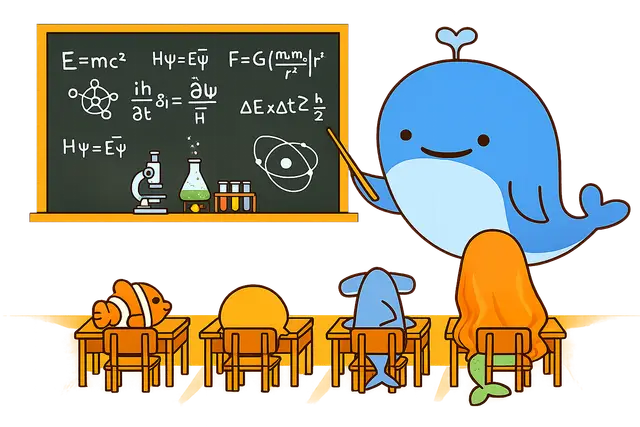 Cartoon Blue Whale Teaching Science in a Classroom