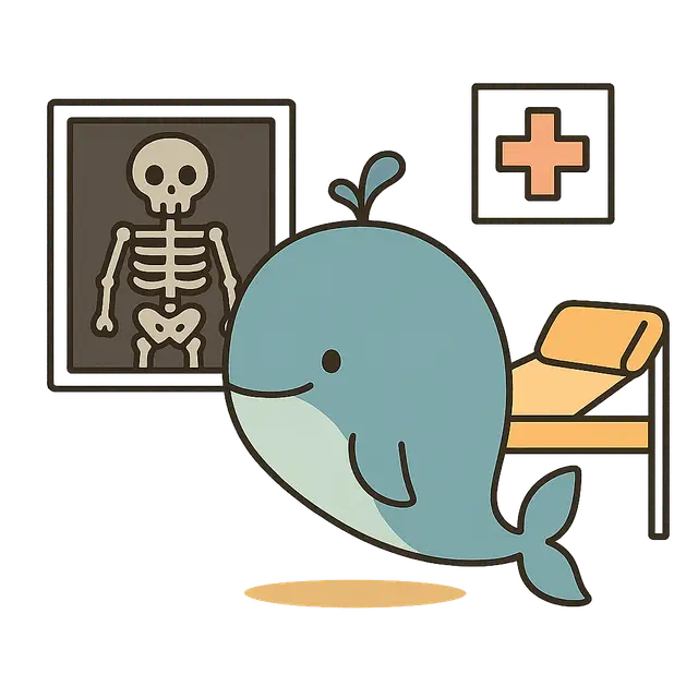 Cartoon Blue Whale in a Hospital Beside a Skeleton X-Ray