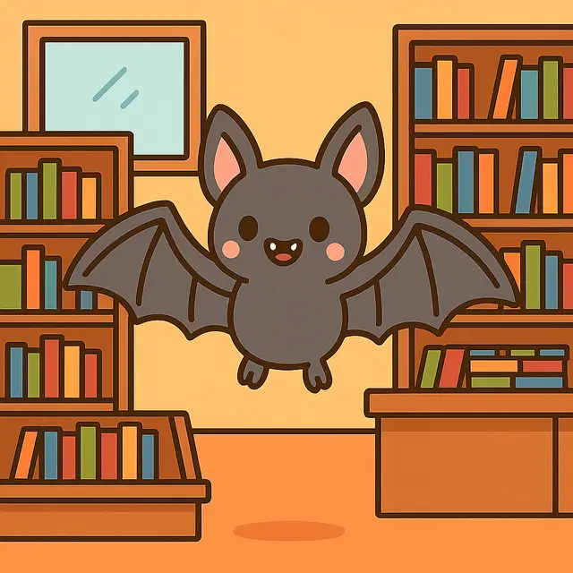 Cute Cartoon Bat Flying in a Bookstore