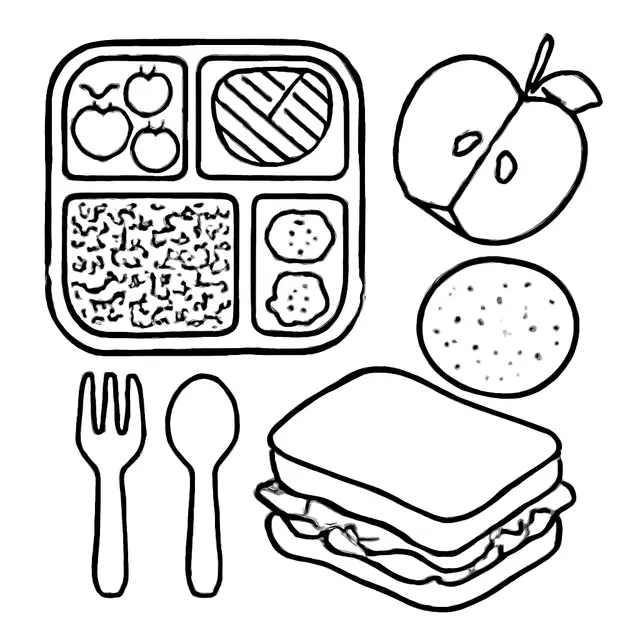 Black-Outline Bento Lunch and Sandwich Coloring Page