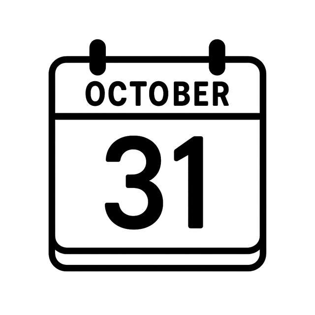 Black-and-White Calendar Icon Showing October 31