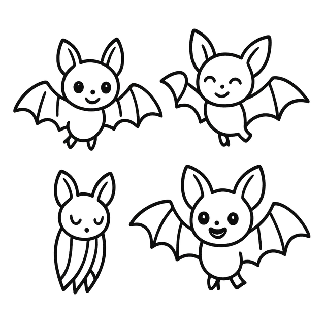 Cute Cartoon Bats Black-and-White Line Art