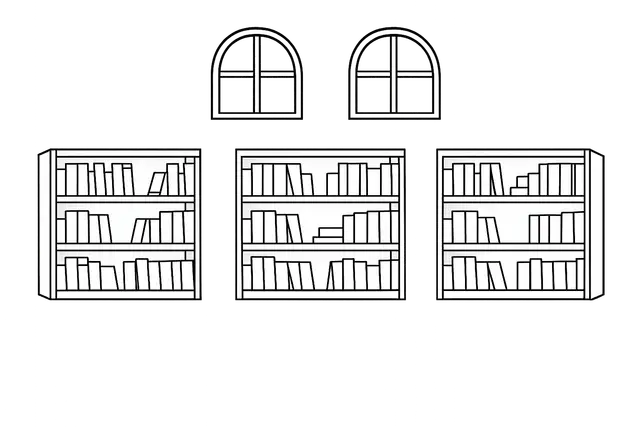 Bookshelves Beneath Arched Windows