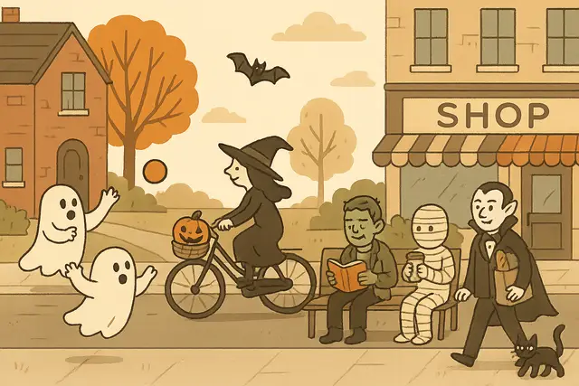 Halloween Town Scene with Ghosts, a Witch, a Zombie, a Mummy, and a Vampire