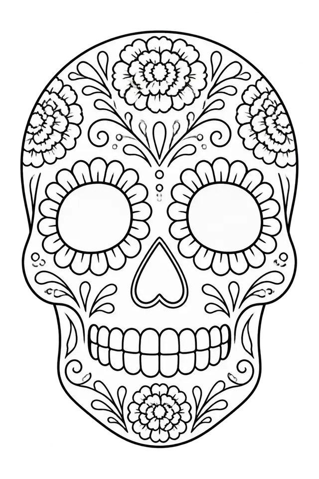 Floral Día de los Muertos Sugar Skull Coloring Page