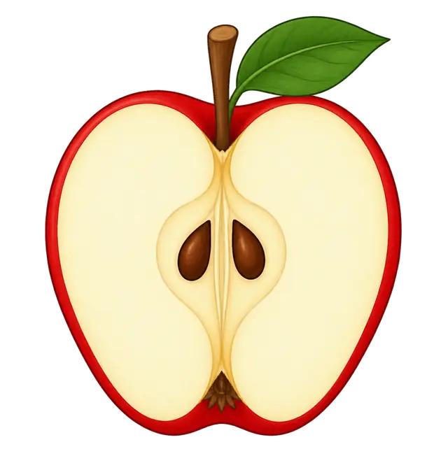 Longitudinal Half-Apple Cutaway with Seeds and Leaf