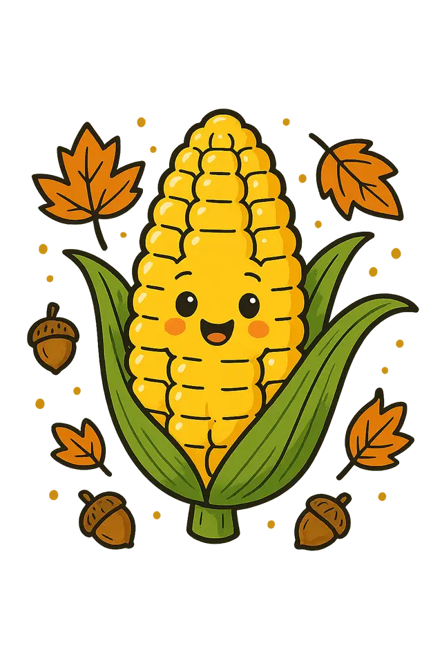 Smiling Cartoon Corn Cob with Autumn Leaves