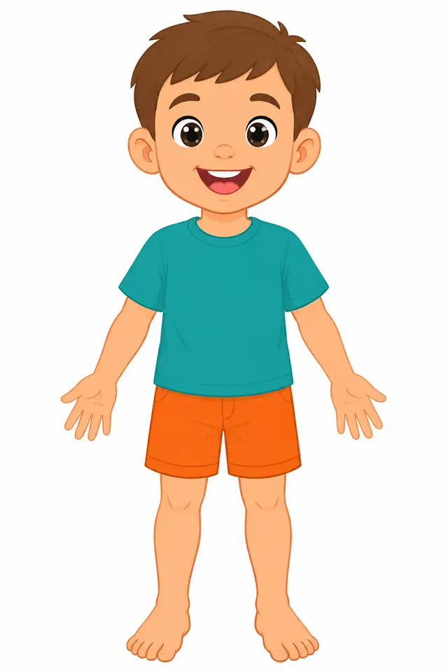Smiling Child in Teal Shirt and Orange Shorts