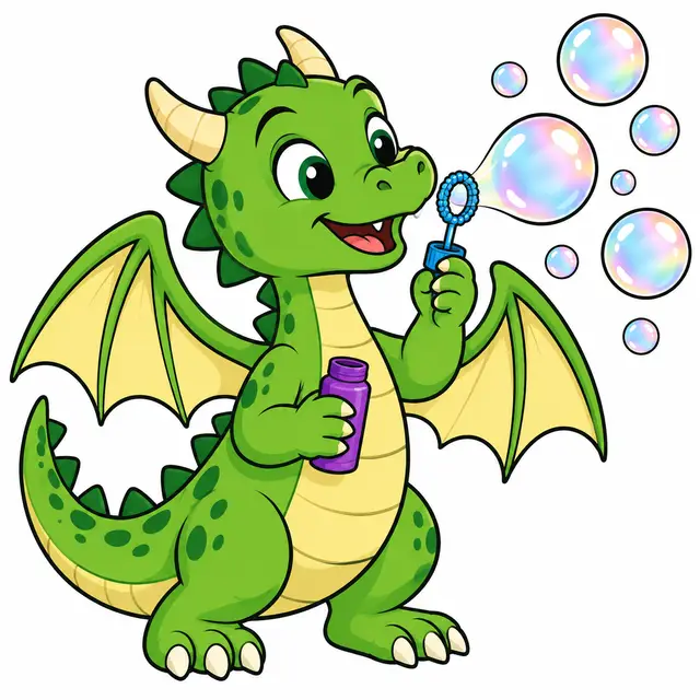 Smiling Green Dragon Blowing Bubbles