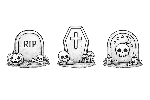 Halloween Tombstones with Pumpkins and Skulls
