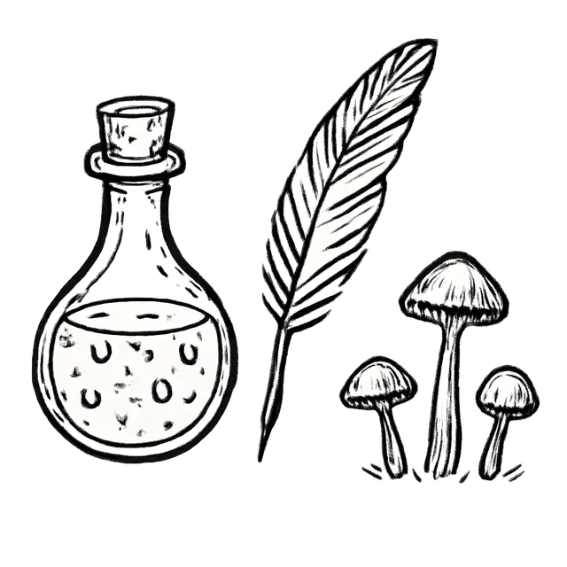 Potion, Quill, and Mushrooms